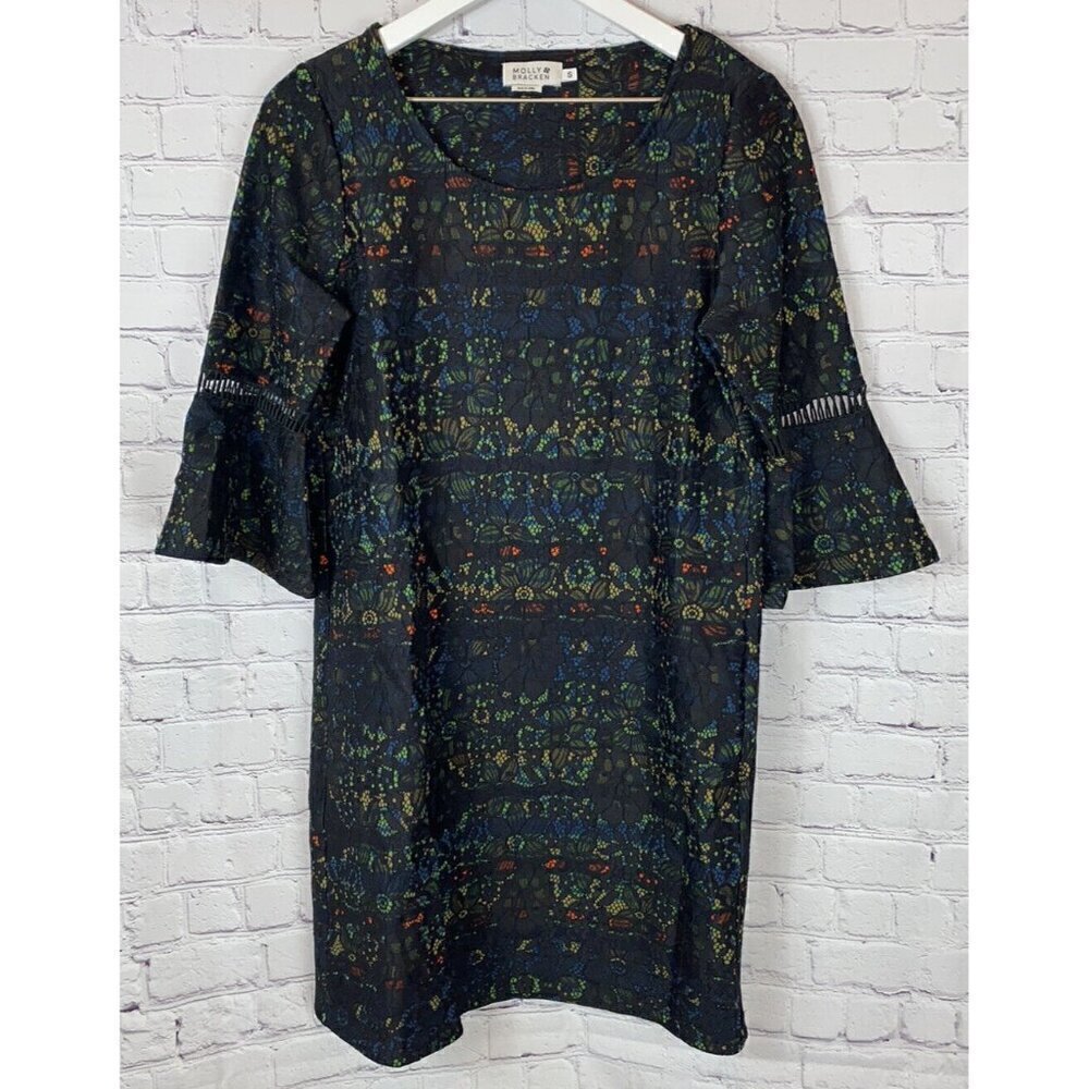 MOLLY BRACKEN Womens’ Black Floral 3/4 Bell Sleeves Dress Size Small